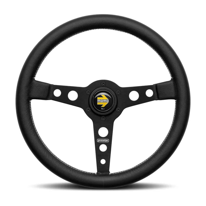 Momo Prototipo Steering Wheel 320 mm - Black Leather/White Stitch/Brushed Black Spokes