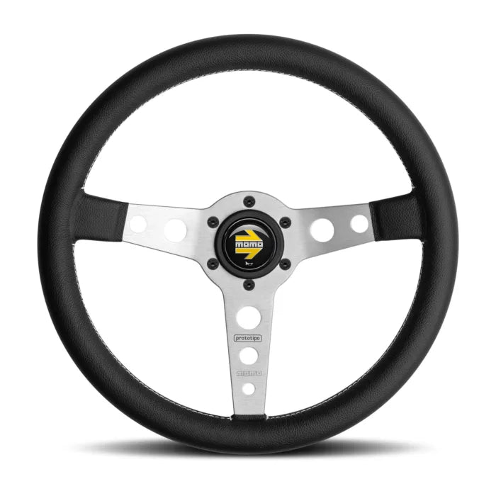 Momo Prototipo Steering Wheel 320 mm - Black Leather/White Stitch/Brshd Alum Spokes